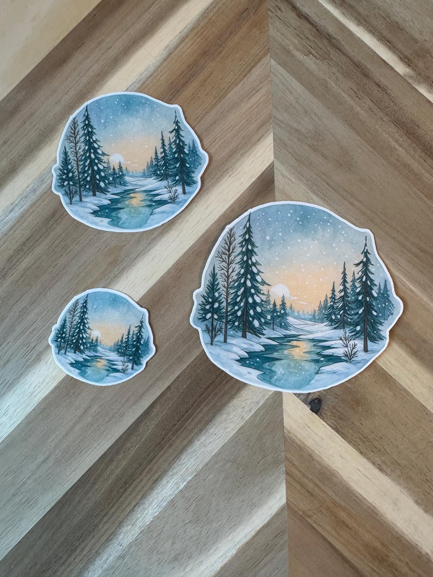 Winter Stream Sticker | Snowy Forest Watercolor Decal | Pine Trees River Scene | Nature Landscape Vinyl Sticker