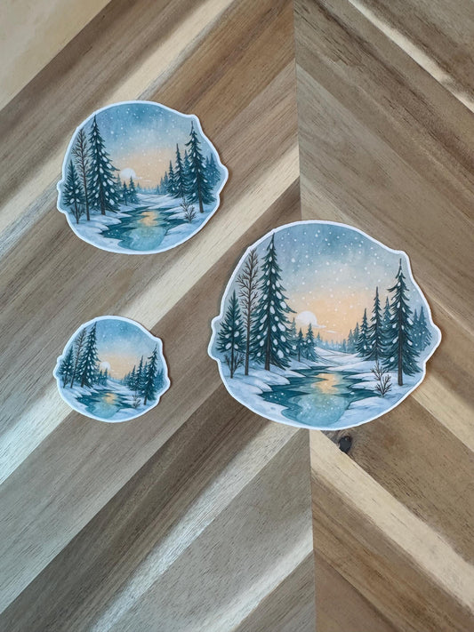 Winter Stream Sticker | Snowy Forest Watercolor Decal | Pine Trees River Scene | Nature Landscape Vinyl Sticker