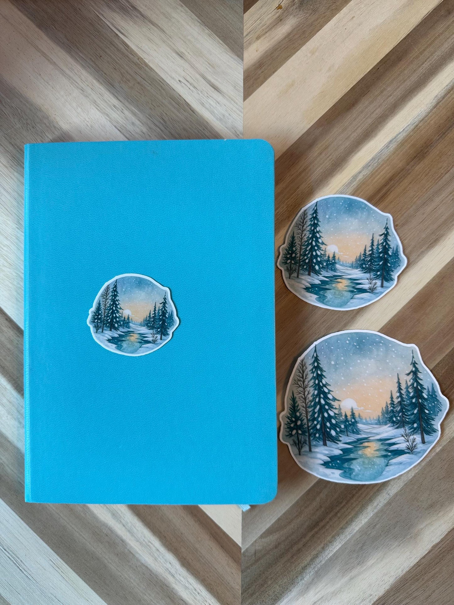 Winter Stream Sticker | Snowy Forest Watercolor Decal | Pine Trees River Scene | Nature Landscape Vinyl Sticker