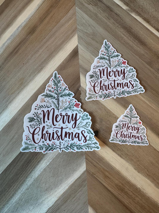 Merry Christmas Tree Sticker | Botanical Holiday Decal | Floral Xmas Greeting Vinyl Sticker | Hand Lettered Christmas