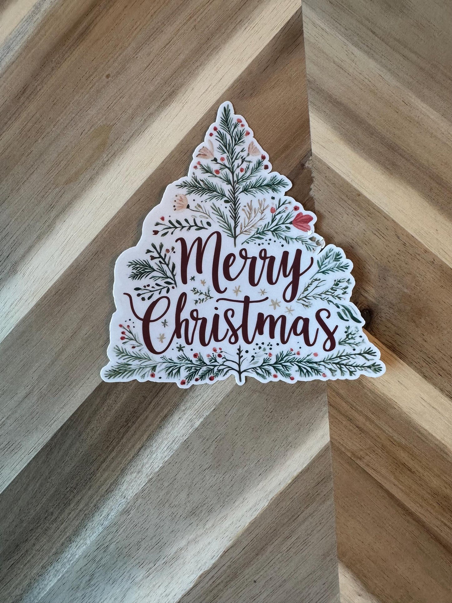 Merry Christmas Tree Sticker | Botanical Holiday Decal | Floral Xmas Greeting Vinyl Sticker | Hand Lettered Christmas