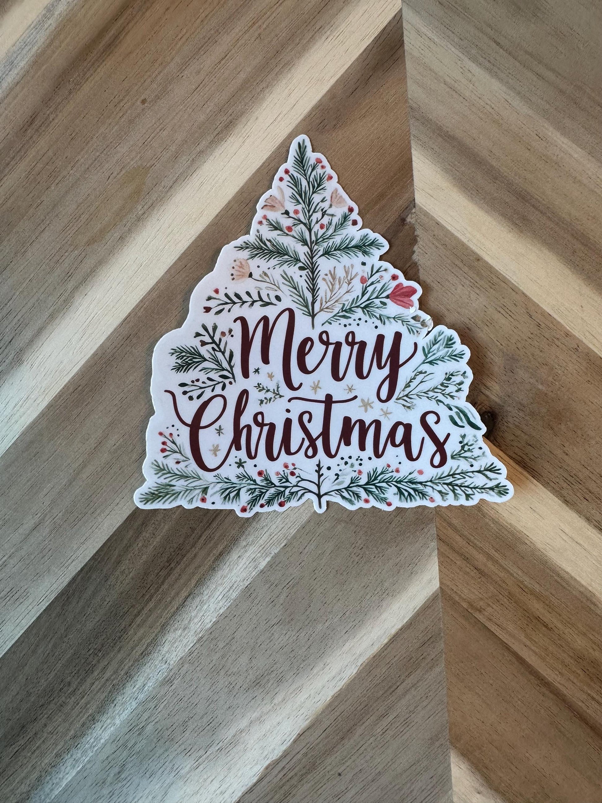 Merry Christmas Tree Sticker | Botanical Holiday Decal | Floral Xmas Greeting Vinyl Sticker | Hand Lettered Christmas