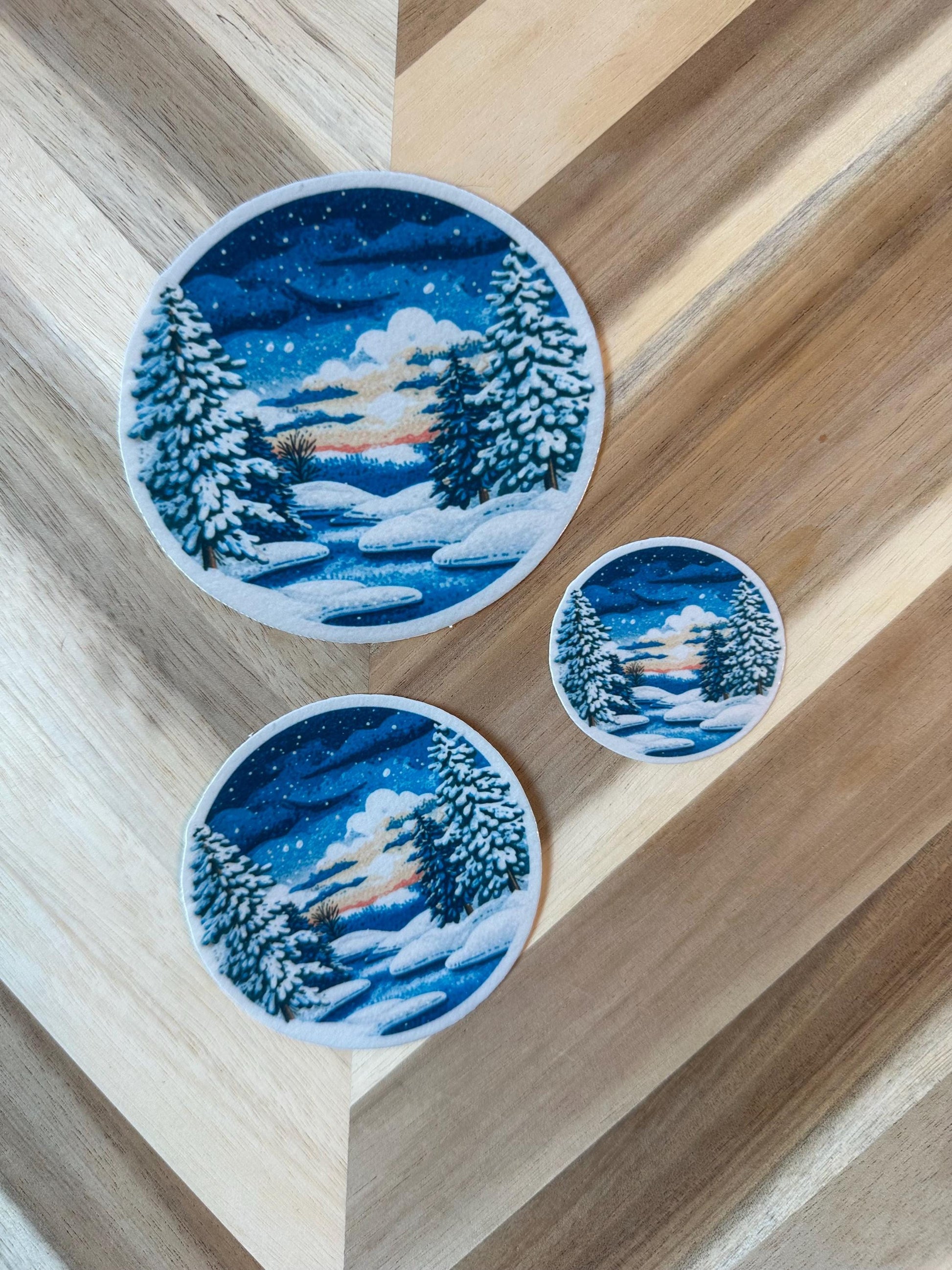 Winter Sunset Sticker | Snowy Forest Stream Watercolor Decal | Mountain Landscape Vinyl Sticker | Nature Scene Circle