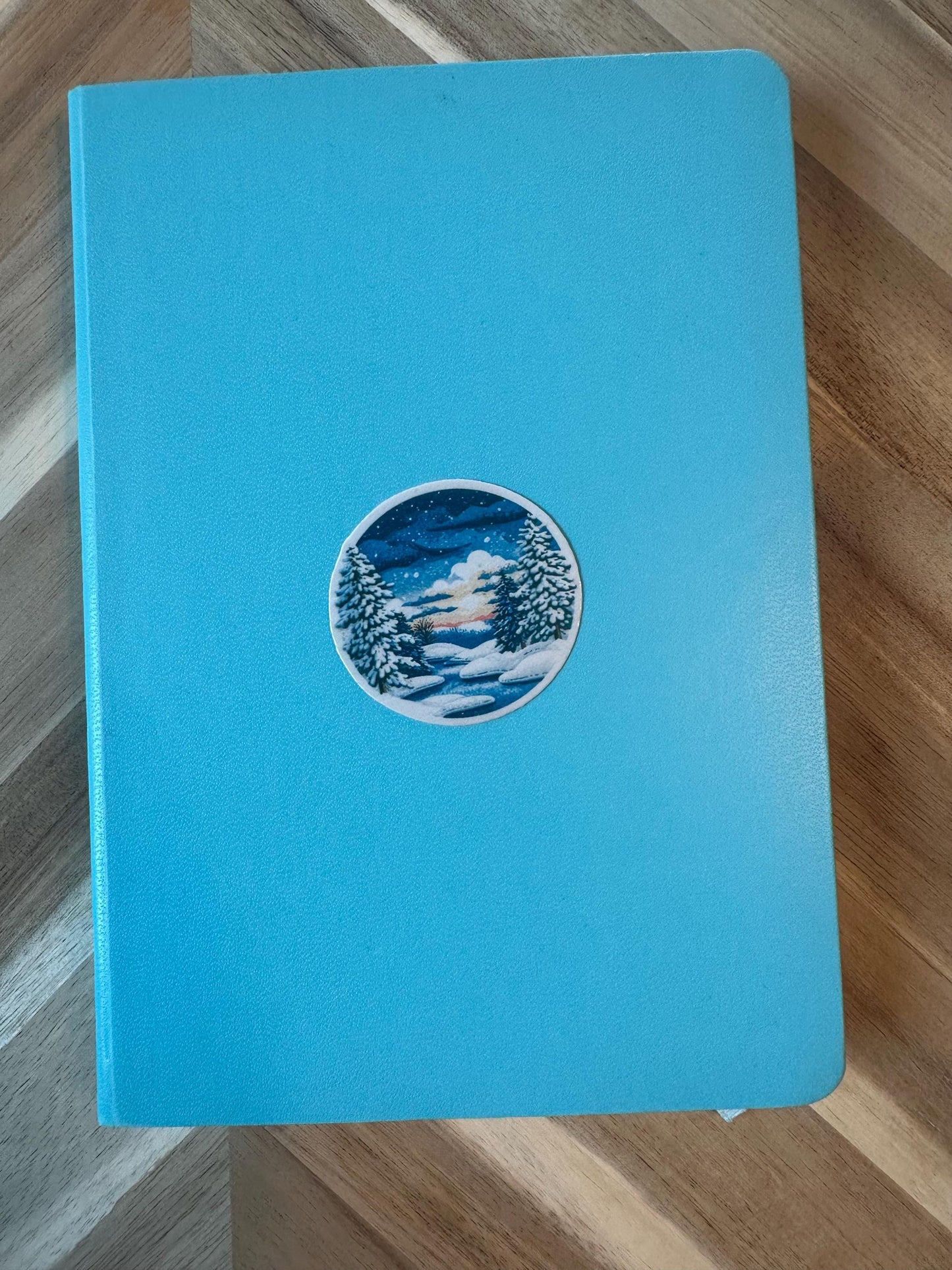 Winter Sunset Sticker | Snowy Forest Stream Watercolor Decal | Mountain Landscape Vinyl Sticker | Nature Scene Circle