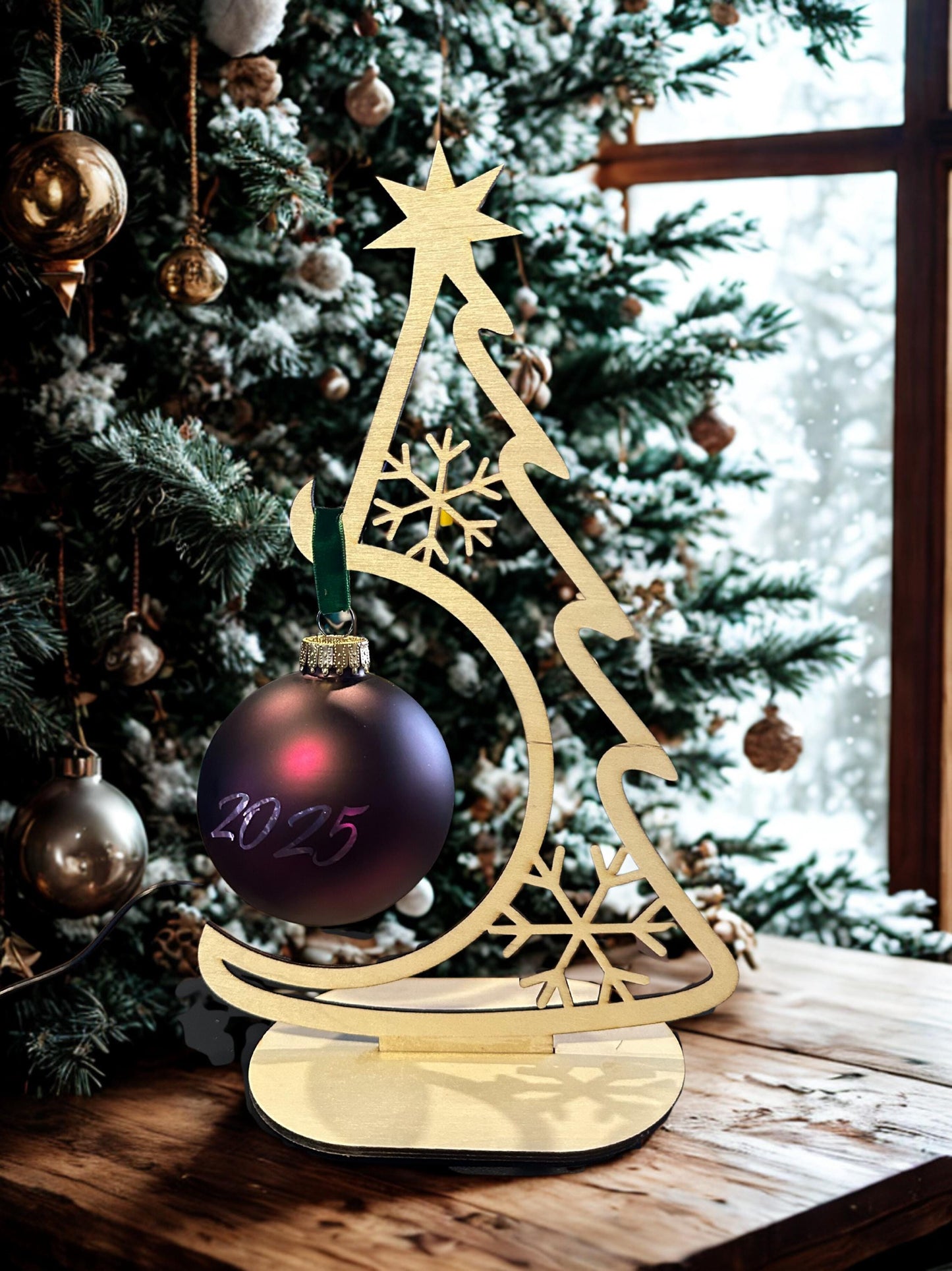 Personalized Christmas Ornament with Wooden Display Stand | Custom 3" Ball Ornament & Tree Holder | Holiday Decor Gift Set